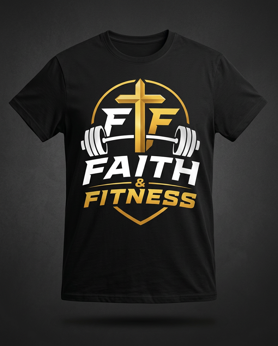 Front of the black Faith & Fitness T-shirt with gold cross and barbell emblem