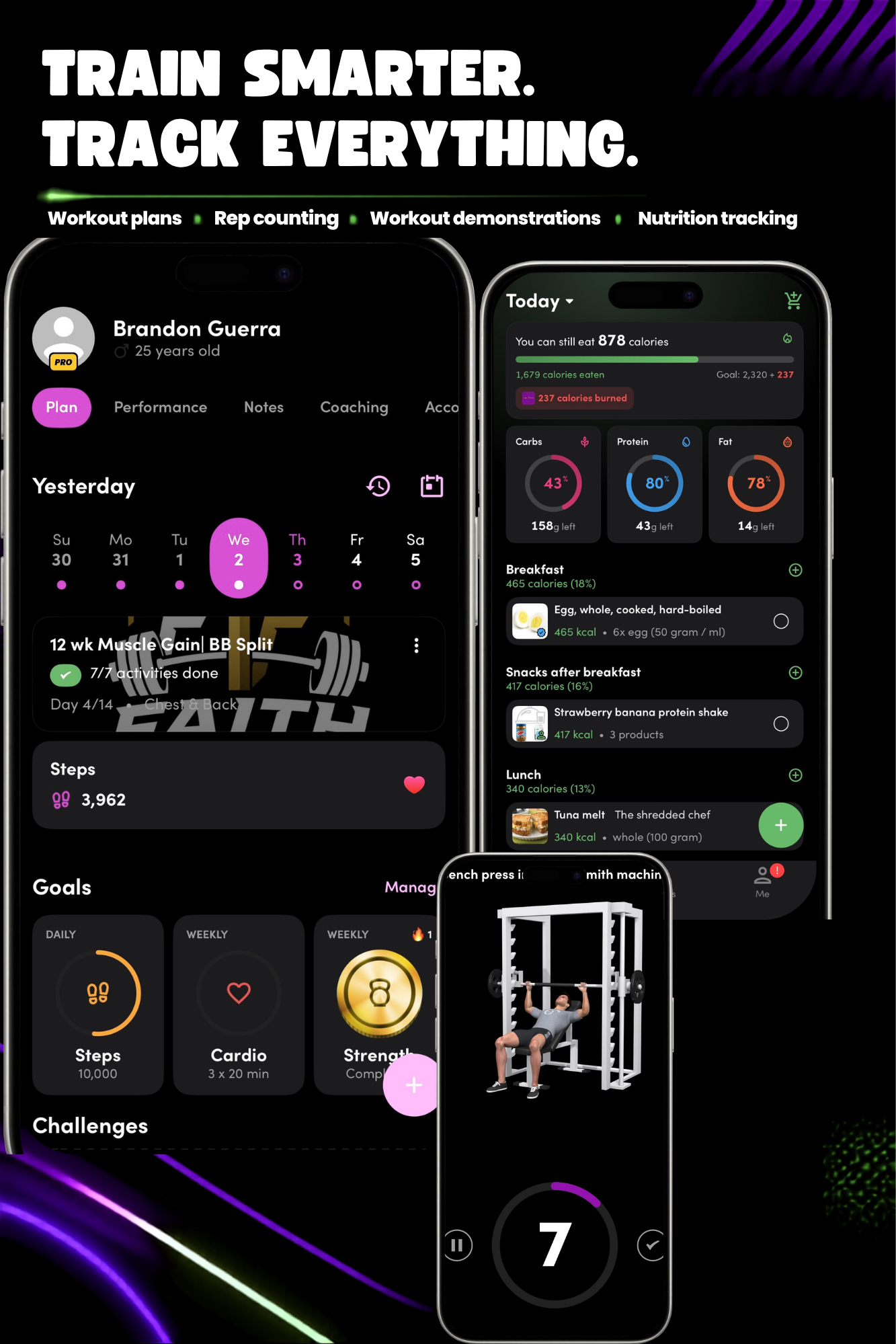 Coaching app showing workout plan dashboard, nutrition diary with macro rings, and bench-press rep-counter demo