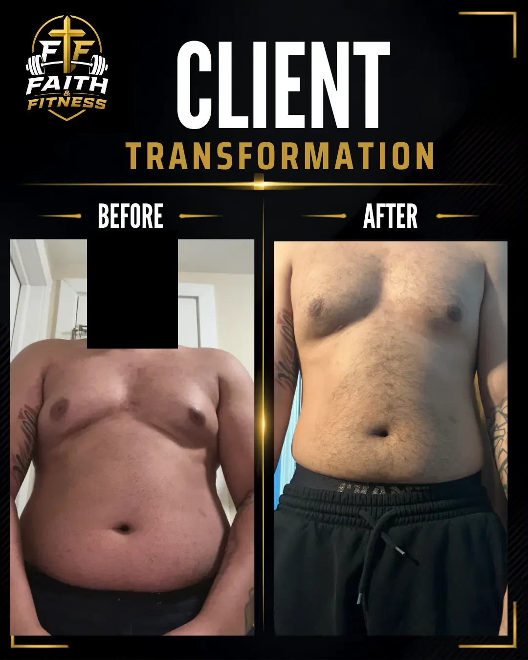 Faith & Fitness client transformation — before and after fat loss
