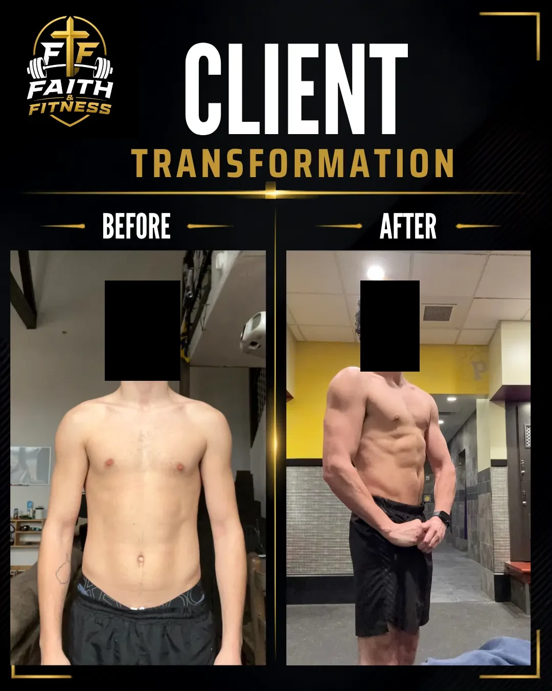 Faith & Fitness client transformation — before and after muscle gain