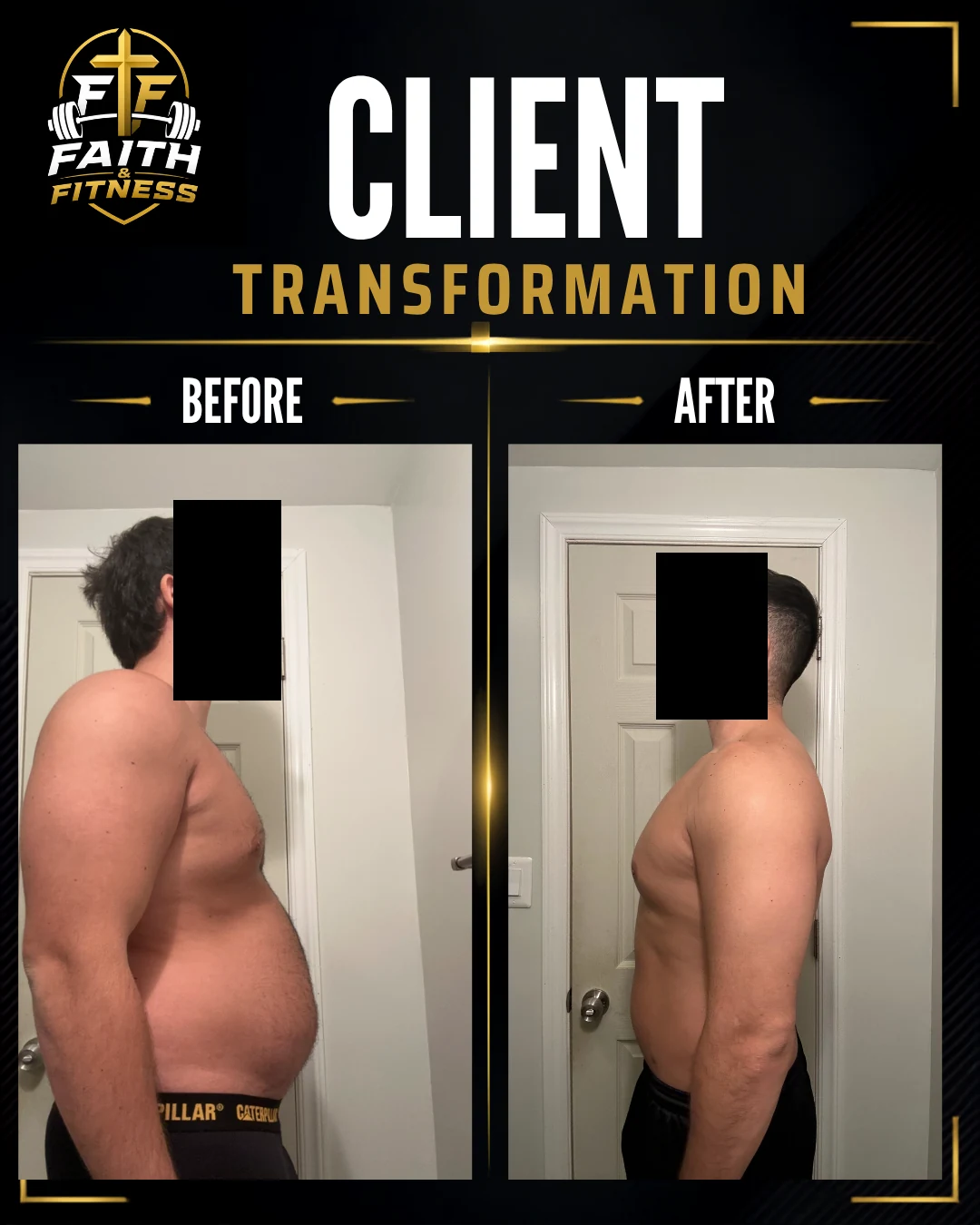 Faith & Fitness client transformation — before and after side profile