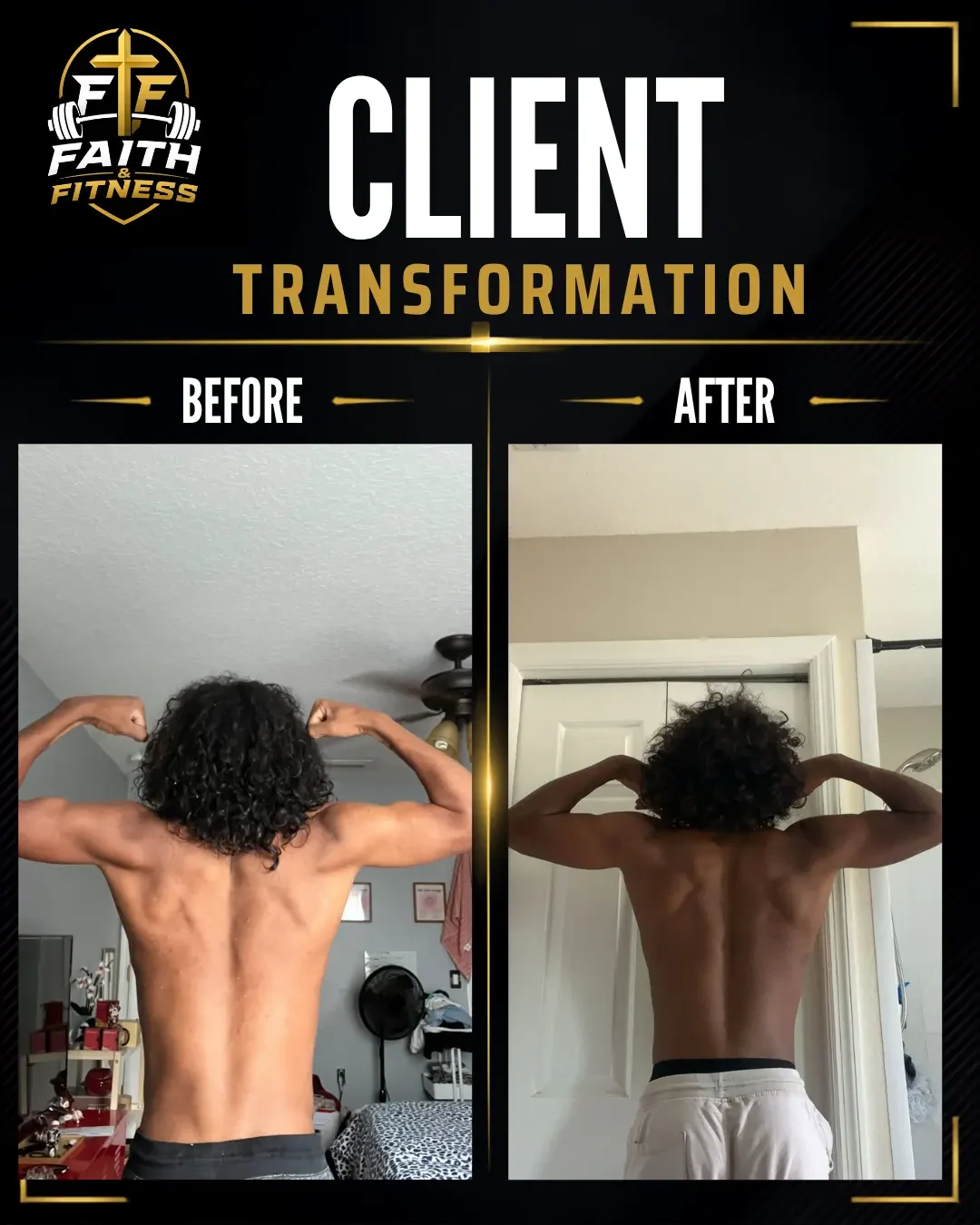 Faith & Fitness client transformation — before and after back progress