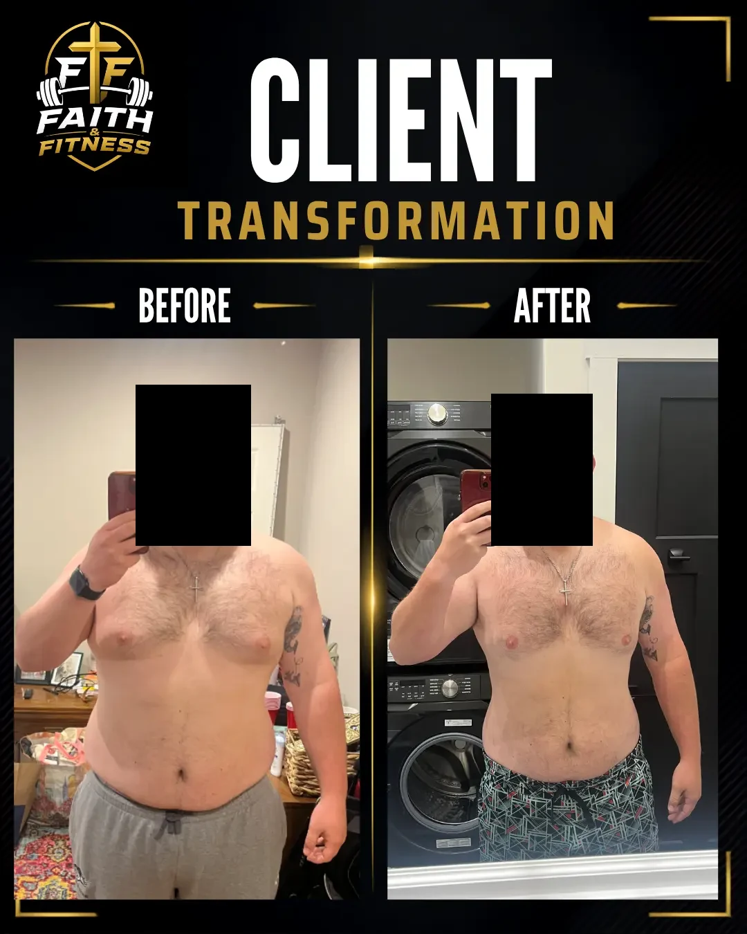 Faith & Fitness client transformation — before and after front progress